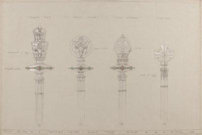Főoltár: javasolt arany és ezüst dongák és buzogányok, tényleges méret (ceruza, tinta, ecset, wc és ezüst festék a szürke kártyán) alkotó: A. Edward Jones and Co.