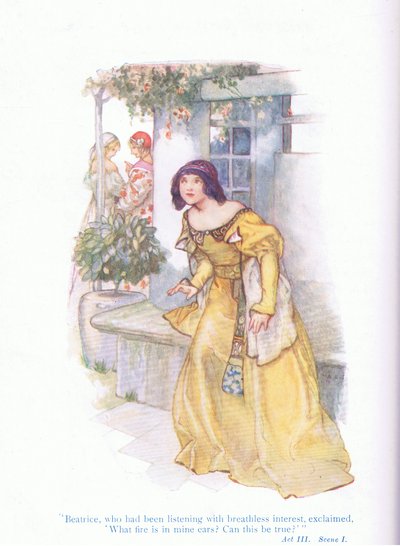 Beatrice, aki lélegzet-visszafojtott érdeklődéssel hallgatta, felkiáltott: "Milyen tűz van a fülemben, igaz lehet ez?" (Sok zsivaj a semmiért), a Tales from Shakespeare pubból. a Ward Lock & Co Ltd alkotó: A. Jackson