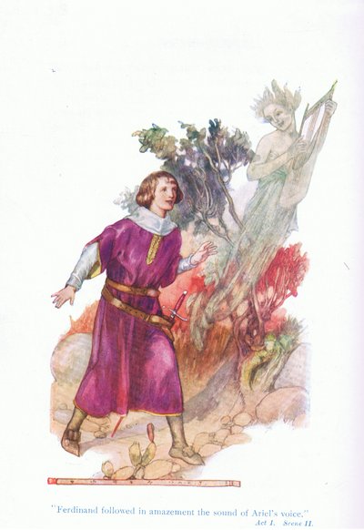 Ferdinánd csodálkozva követte Ariel hangját (The Tempest), a Tales from Shakespeare pubból. a Ward Lock & Co Ltd alkotó: A. Jackson