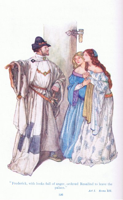 Frederick dühös tekintettel megparancsolta Rosalindnak, hogy hagyja el a palotát (As You Like It), a Tales from Shakespeare pubból. a Ward Lock & Co Ltd alkotó: A. Jackson