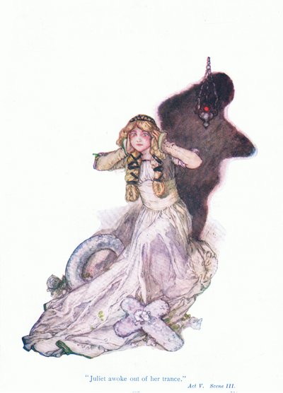 Júlia felriadt az idegenkedésből (Rómeó és Júlia), a Tales from Shakespeare pubból. a Ward Lock & Co Ltd alkotó: A. Jackson
