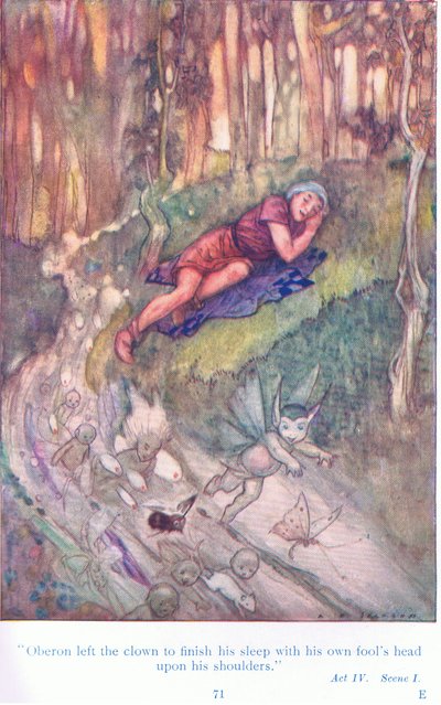 Oberon otthagyta a bohócot, hogy bolond fejével a vállán fejezze be az álmát (Szeniváni éjszakai álom), a Tales from Shakespeare kocsmából. a Ward Lock & Co Ltd alkotó: A. Jackson