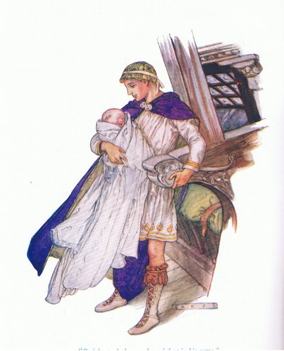 Periklész a karjába vette az újszülöttet (Pericles Prince of Tyre), a Tales from Shakespeare kocsmából. a Ward Lock & Co Ltd alkotó: A. Jackson