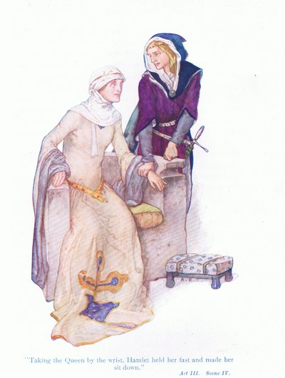 Hamlet csuklójánál fogva a királynőt, erősen tartotta, és leültette (Hamlet), a Tales from Shakespeare pubból. Ward Lock & Co Ltd, 1930-40-es évek alkotó: A. Jackson