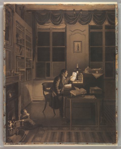 Rajz, belső tér, íróasztalnál olvasó emberrel, 1827 alkotó: A. L. Leroy