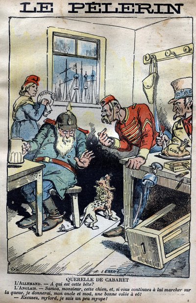 Cabaret Querelle: Karikatúra Anglia, Németország, Franciaország és az Egyesült Államok közötti gyarmati háborúról az afrikai fachodai helyzet körül. Lemot metszet a „” le Pelerin”-ben, 1899. április 23. (A fachodai válság: súlyos diplomáciai incidens alkotó: A Lemot