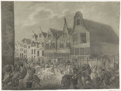 A zsaluzat összeomlása a Kortendijk mentén Gorinchemben, 1809 Az 1809-es árvíz négy tányérja Lajos Napóleon királynak szentelve (sorozat címe) alkotó: A. Lutz