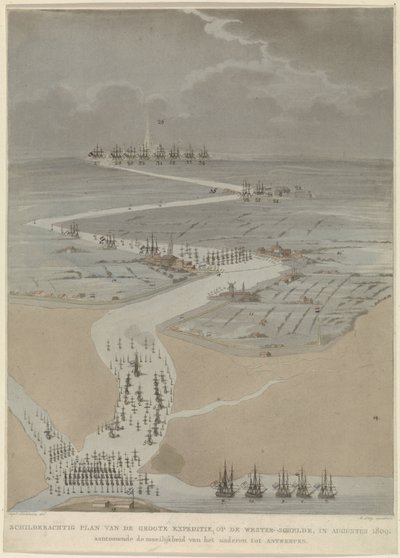 Madártávlat a Western Scheldtről angol, holland és francia flottákkal, 1809 A nagy expedíció festői terve a Western Scheldten 1809 augusztusában (cím a tárgyon) alkotó: A. Lutz