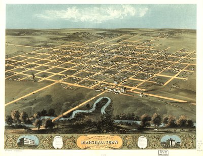 Marshalltown városának madártávlati képe, Marshall Co., Iowa 1868. LOC 73693402 alkotó: A. Ruger