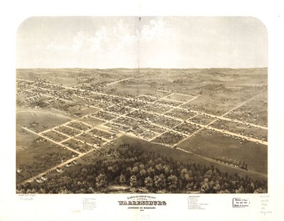 Warrensburg városának madártávlati képe, Johnson Co., Missouri 1869. LOC 73693492 alkotó: A. Ruger
