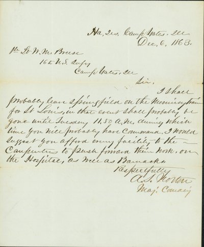 Levél aláírva A.S. Norton, parancsnok őrnagy, főosztály, Camp Yates, Illinois, W.M 1. hadnagyhoz. Breese, 16. amerikai gyalogság, Camp Gates, Ill., 1863. december 6 alkotó: A. S. Norton