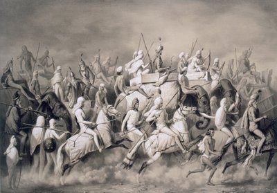 Chir Singh, a szikhek maharadzsája és a pandzsábi király kíséretével Lahore közelében vadászik, 1859 alkotó: A. Soltykoff
