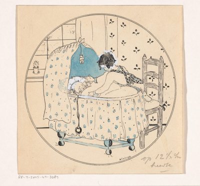 A lány ki akarja emelni a babát a kiságyból alkotó: A. Tinbergen (signed by artist)