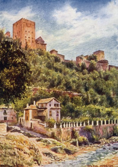 Granada, Villák a Darro folyó partján (színes litó) alkotó: A. Trevor Haddon