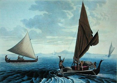 Kilátás Tinian szigetére: Dugout kenuk a Caroline-szigetekről, Coutant által metszett „Voyage Autour du Monde sur les Corvettes de L