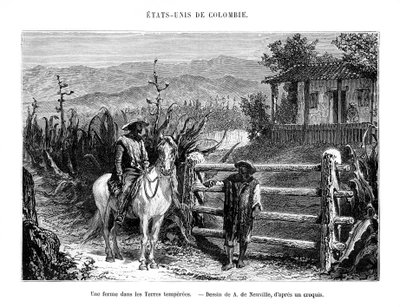 Egy farm, Kolumbia, Dél-Amerika, 19. század alkotó: A. de Neuville