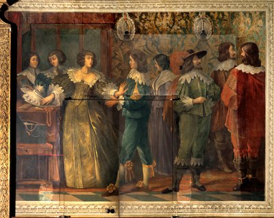 Charles de Valois (1573-1650), Angouleme hercege életének jelenete - Charles de Valois második feleségével 1644-ben kötött házassága alkalmából készült bulijelenet - Egy nő, akihez egy udvarhölgy közelít, megfogja, hogy elhelyezze. gallér - Abrah freskója alkotó: Abraham (after) Bosse