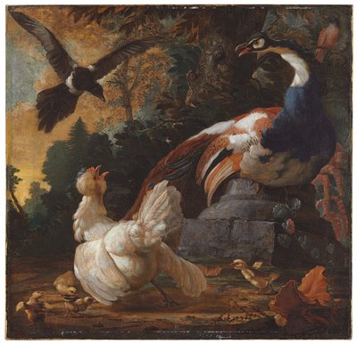 Páva, baromfi és szarka egy tájban, 1720 alkotó: Abraham Bisschop