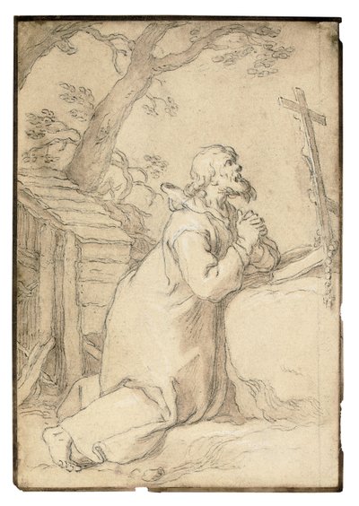 Phermae-i Szent Pál a feszület előtt térdelve imádkozik (fekete kréta, toll és barna tinta, barna mosás) alkotó: Abraham Bloemaert
