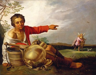 Pásztorfiú, aki Tóbiásra és az angyalra mutat alkotó: Abraham Bloemaert