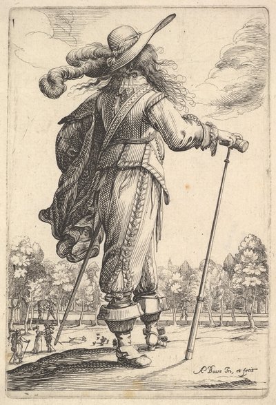 Egy úriember hátulról, bottal jobbra sétál, tollas ..., 1629. alkotó: Abraham Bosse