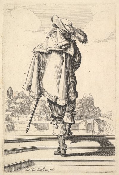 Egy úriember, hátulról, mellvéden sétál, bal vállán köpenyben..., 1629. alkotó: Abraham Bosse