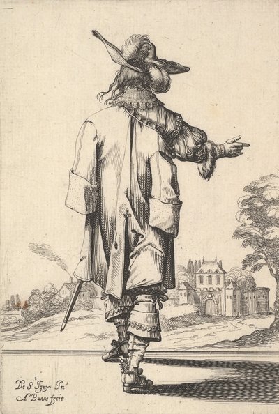 Egy úriember, hátulról nézve, kinyújtott jobb karral, bal s... fölött köpeny, 1629. alkotó: Abraham Bosse