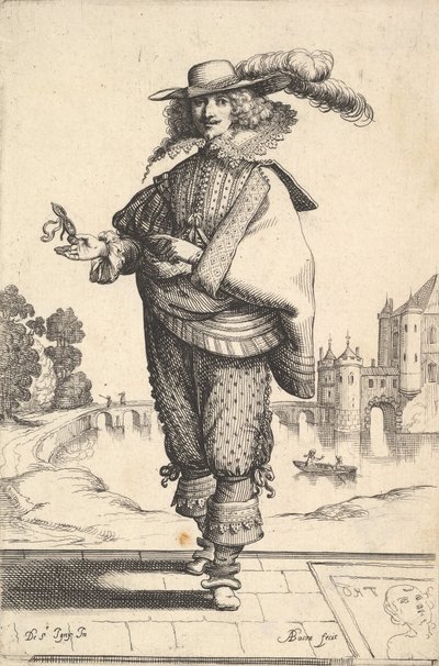 Egy nagy kastély előtt álló úriember tollas kalapban és csipkegallérban..., 1629. alkotó: Abraham Bosse