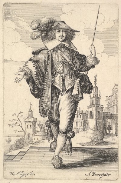 Előre lépő úr, kinyújtott jobb karral, bal kezében ostorral..., 1629. alkotó: Abraham Bosse