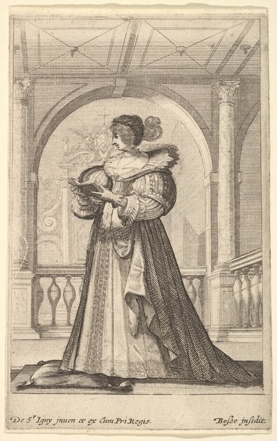 Egy nő áll, profilból balra néz, sapkát és csipkegallért visel, olvas..., kb. 1629. alkotó: Abraham Bosse