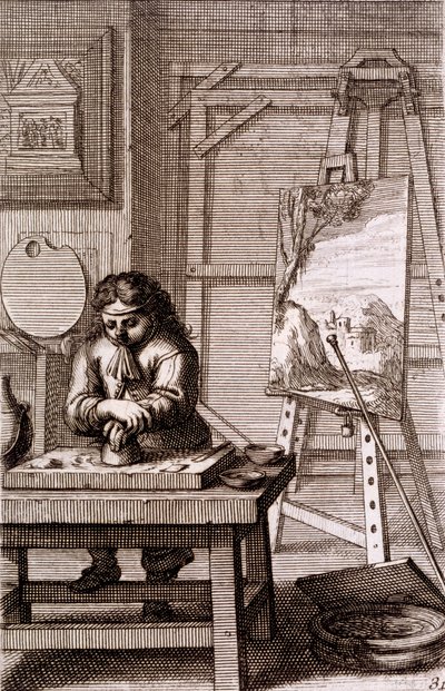 Egy művésztanonc metszettáblát takarít, a "Recueil de Figures..."-ből, 1737 alkotó: Abraham Bosse