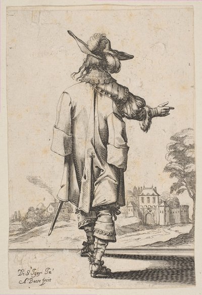 Úriember hátulról egy kastély felé mutatva, 1629. alkotó: Abraham Bosse