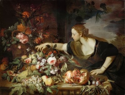 Nő virágokkal és gyümölcsökkel. 1669 alkotó: Abraham Brueghel