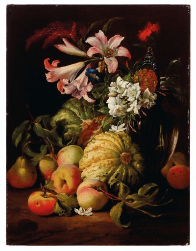Liliom és más virágok üvegvázában, őszibarackkal és dinnyével alkotó: Abraham Brueghel