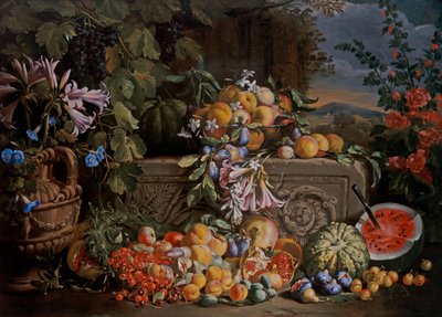 Csendélet cseresznyével, görögdinnyével, őszibarackkal, sárgabarackkal, szilvával, gránátalmával és figurákkal alkotó: Abraham Brueghel