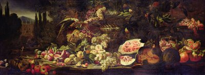 Gyümölcscsendélet zöld papagájjal és ezüst vázával alkotó: Abraham Brueghel