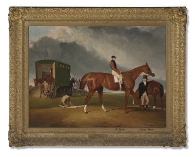 Lord George Bentincks Horse Elis portréja John Day lovassal és John Doe edzővel, Doncaster, 1836 alkotó: Abraham Cooper
