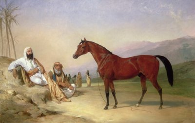 Két beduin egy öbölbeli arab ménnel a sivatagban alkotó: Abraham Cooper