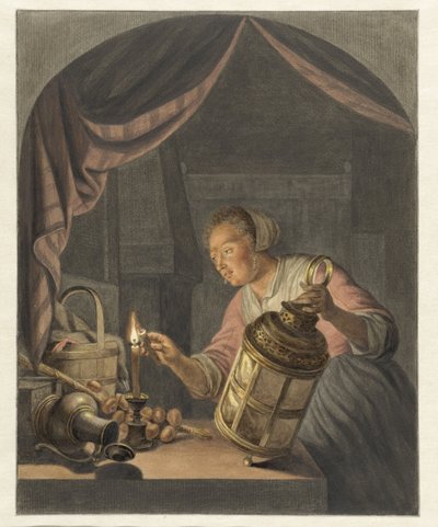 Lány lámpát gyújt alkotó: Abraham Delfos