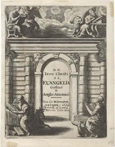 Négy evangélista egy átjáró körül Címlap: Junius, Franciscus és Marshall, Thomas. Quatuor D.N. Jesu Christi S.S. Evangelia Gothicè & Anglo-Saxonicè, 1665 alkotó: Abraham Dircksz. Santvoort