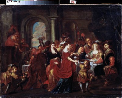 ""Heródes lakomája"" (Heródes lakoma) Heródes lakoma (Herode Antipas), amelyen Herodiade (Salome) lánya egy tányéron követeli Keresztelő János (Jean Baptiste) fejét, hogy felajánlja édesanyjának. A szent feje az asztalra kerül. Festék alkotó: Abraham Jansz. van Diepenbeeck