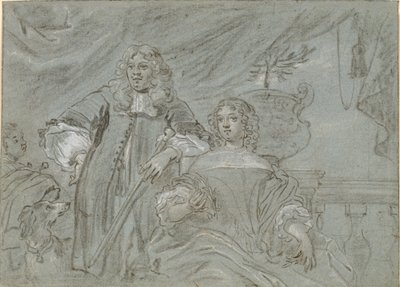 Ülő hölgy és álló úriember csoportja, térdelő alakok. A háttérben egy fekete afrikai és egy kutya, t.h. egy korlát alkotó: Abraham Lambertsz. van den Tempel