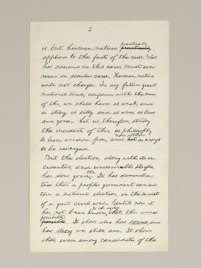 Lincoln elnökválasztási győzelmi beszédének autográf kézirata, amelyet Washington D.C.-ben mondott el a Fehér Ház ablakából november 10-én este alkotó: Abraham Lincoln