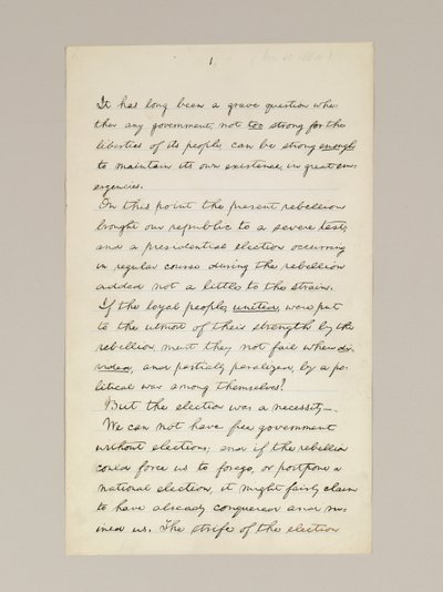 Lincoln elnökválasztási győzelmi beszédének autográf kézirata, amelyet Washington D.C.-ben mondott el a Fehér Ház ablakából november 10-én este alkotó: Abraham Lincoln