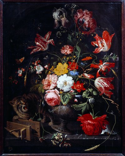 Macska leüt egy virágvázát. Abraham Mignon (1640-1679) festménye ec. összes alkotó: Abraham Mignon
