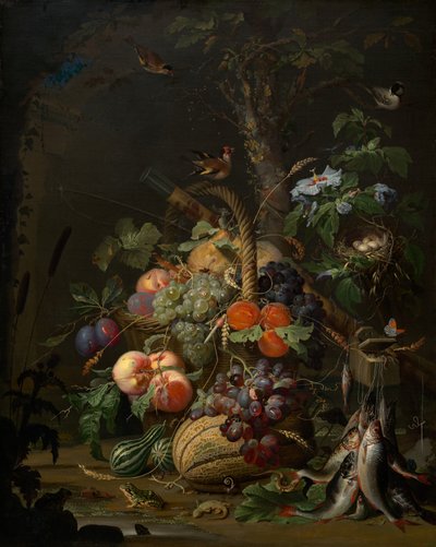 Csendélet gyümölccsel, hallal és fészekkel alkotó: Abraham Mignon