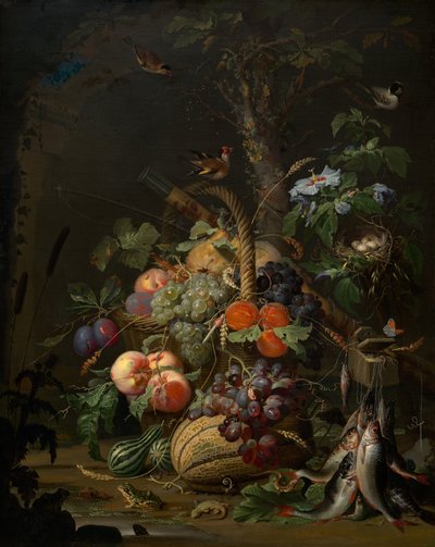Csendélet gyümölccsel, hallal és fészekkel, c. 1675. alkotó: Abraham Mignon