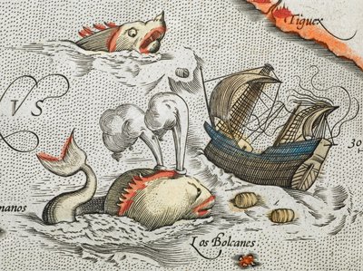 (Részlet). Tengeri szörnyek támadnak egy hajót. alkotó: Abraham Ortelius