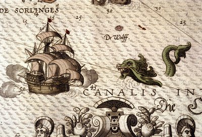 Egy tengeri szörnyeteg egy galleont (karavellát) támad meg. Részlet egy térképről a "Theatrum Orbis Terrarum"-ban, Abraham Ortelius, Antwerpen 1584 alkotó: Abraham Ortelius