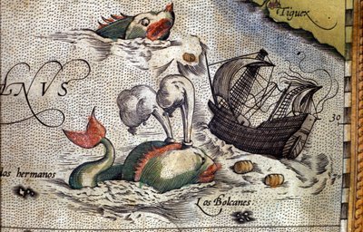 Egy bálna megtámad egy hajót. Tányér Abraham Ortelius (1527-1598) térképész "Theatrum Orbis Terrarum" kiadásából alkotó: Abraham Ortelius